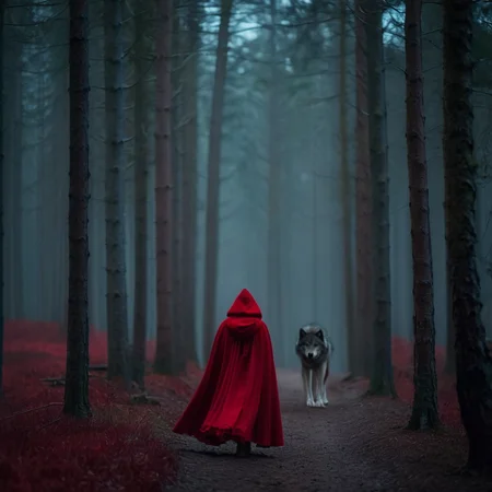 cinematic film still of <lora:Little Red Riding Hood style:1.2>
In The Woods Little Red Riding Hood a woman in a red cloak is walking in front of a large wolf monster Full Shot Little Red Riding Hood Style, shallow depth of field, vignette, highly detailed, high budget, bokeh, cinemascope, moody, epic, gorgeous, film grain, grainy
