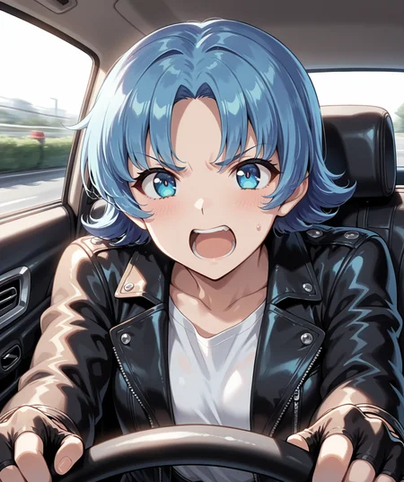 masterpiece, best quality, amazing quality, very aesthetic, ultra detail, clear line, solo, <lora:ecrua_v1:0.8>, ecrua, blue eyes, short hair, blue hair, Leather jacket, white shirt, fingerless gloves, angry, happy, open mouth, upper body, holding handle, driving, front view, inside the car, driver's seat, <lora:LECO_BadHands:1.2>, <lora:LECO_GoodHands:-1.2>, <lora:cfg_scale_boost:0.7>