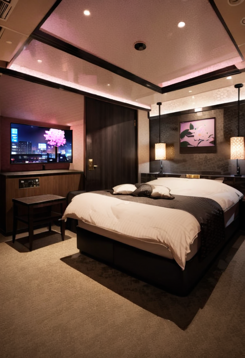 masterpiece, best quality, very aesthetic, absurdres,
lovehotel, scenery, lamp, bed, indoors, night, ceiling light, pillow, table, door, chair, couch, light, television, carpet
 <lora:Lovehotel_C_SDXL_V1:1>
