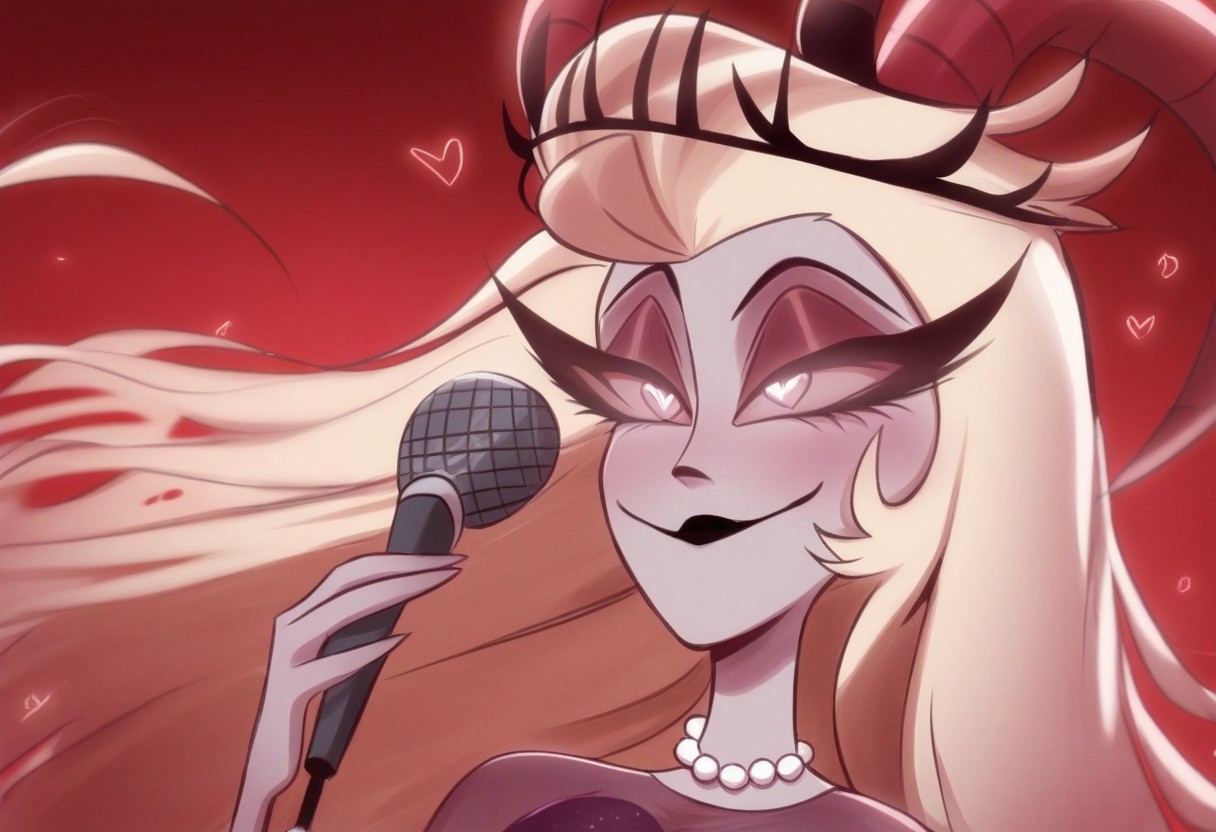 lilith, purple eyes, half-closed eyes, black lips, blonde hair, pearl necklace, demon horns, grey/gray skin, grey sclera, black crown, evil eyes, purple dress, heart floating, heart-shaped pupils, aroused, heart eyes, hearts floating, 1girl, solo, microphone, singing, red background