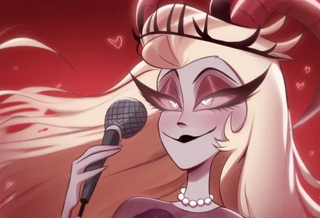 lilith, purple eyes, half-closed eyes, black lips, blonde hair, pearl necklace, demon horns, grey/gray skin, grey sclera, black crown, evil eyes, purple dress, heart floating, heart-shaped pupils, aroused, heart eyes, hearts floating, 1girl, solo, microphone, singing, red background