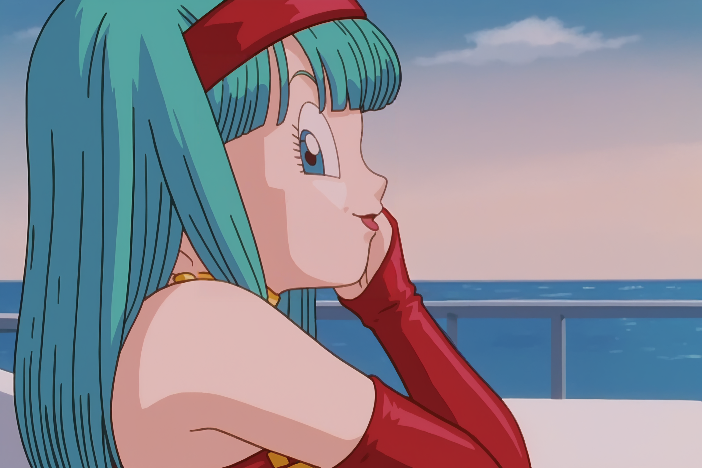 source_anime, score_9, score_8_up, score_7_up, anime screencap, absurdres, high quality,
bra \(dragon ball\), 
dragon ball gt, official style, 1girl, solo, long hair, bangs, blue eyes, eyebrows, hoop earrings, eyelashes, blunt bangs, bare shoulders, bridal gauntlets, sky, :o, close-up, red hairband, red armwear, from side, looking at viewer, sunset skyline, ocean, car interior, raised eyebrows, tongue, pointy nose, aqua hair, 1990s \(style\), anime coloring, dot mouth, retro artstyle, straight hair
<lora:Bra_v2:0.8>