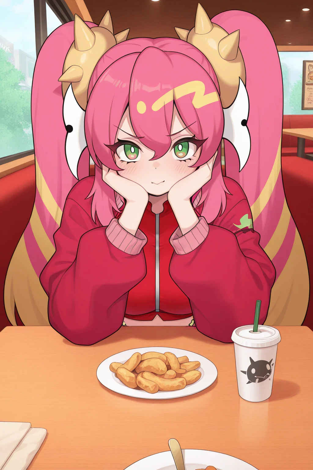 1girl, LiveTwinKi-sikilYu-Gi-Oh,
general, solo, pov dating, straight-on,
long hair, pink hair, twintails,
large breasts,
spike, red jacket, open jacket, crop top,
dating, sitting, looking at viewer, face in hands,
restaurant, table, cup,
<lora:kp_LiveTwinKi-sikilLil-laYu-Gi-OhIllustrious_v1_0:1.0>,
masterpiece, best quality, amazing quality