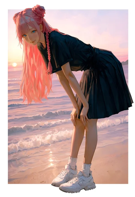 realistic textured painterly,
(by lch, fugtrup:1.15), cinematic, nose, lips,
outside border, white border, border,
full body, 1girl, smile, black shirt, black skirt, pleated skirt, short sleeves, blue eyes, pink hair, braid, braided bun, double bun, closed mouth, very long hair, sneakers shoes, white shoes, white socks, standing, looking at viewer, hands on own knees, leaning forward, bent over,
pink background, golden hour, seascape, beach, ocean, waves, horizon, sunset, outdoors,
very awa, best quality, highres, masterpiece,
<lora:nhl-002-nai:0.8>, nhl-002, <lora:nhl-001-20:0.6> , nhl-001,