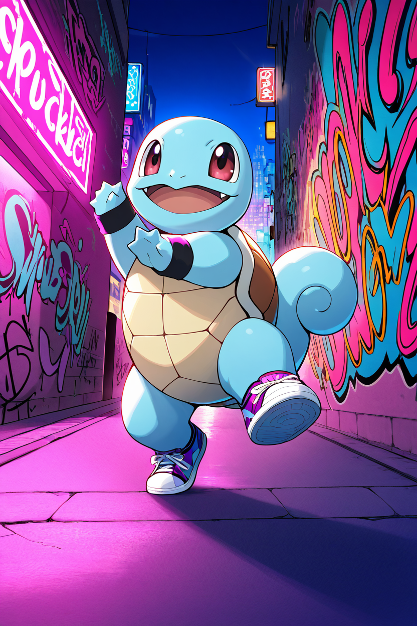 masterpiece, best quality,   <lora:SquirtlePokedexIXL:1.0>,   zzSquirtle,   Hip-hop attire, sneakers, sweatbands, graffiti walls, street corners, dynamic dance poses, vibrant city lights, energetic movement, upbeat vibe