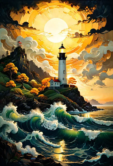 very beautiful insanely detailed image of glowing seascape lighthouse in golden spring". beautiful golden mountains, bright dark yellow ornate sun, by Victo_Ngai, Oleksandra Ekster, Malevich, Vladyslav Yerko and Alexander Jansson, Vladyslav Yerko! Very Complex perfect elegant composition! linen gesso acrylic paper, epic Dramatic lighting! Razor-sharp quality insanely detailed, deep colors realistic masterpiece<lora:xl_more_art-full_v1:0.5>