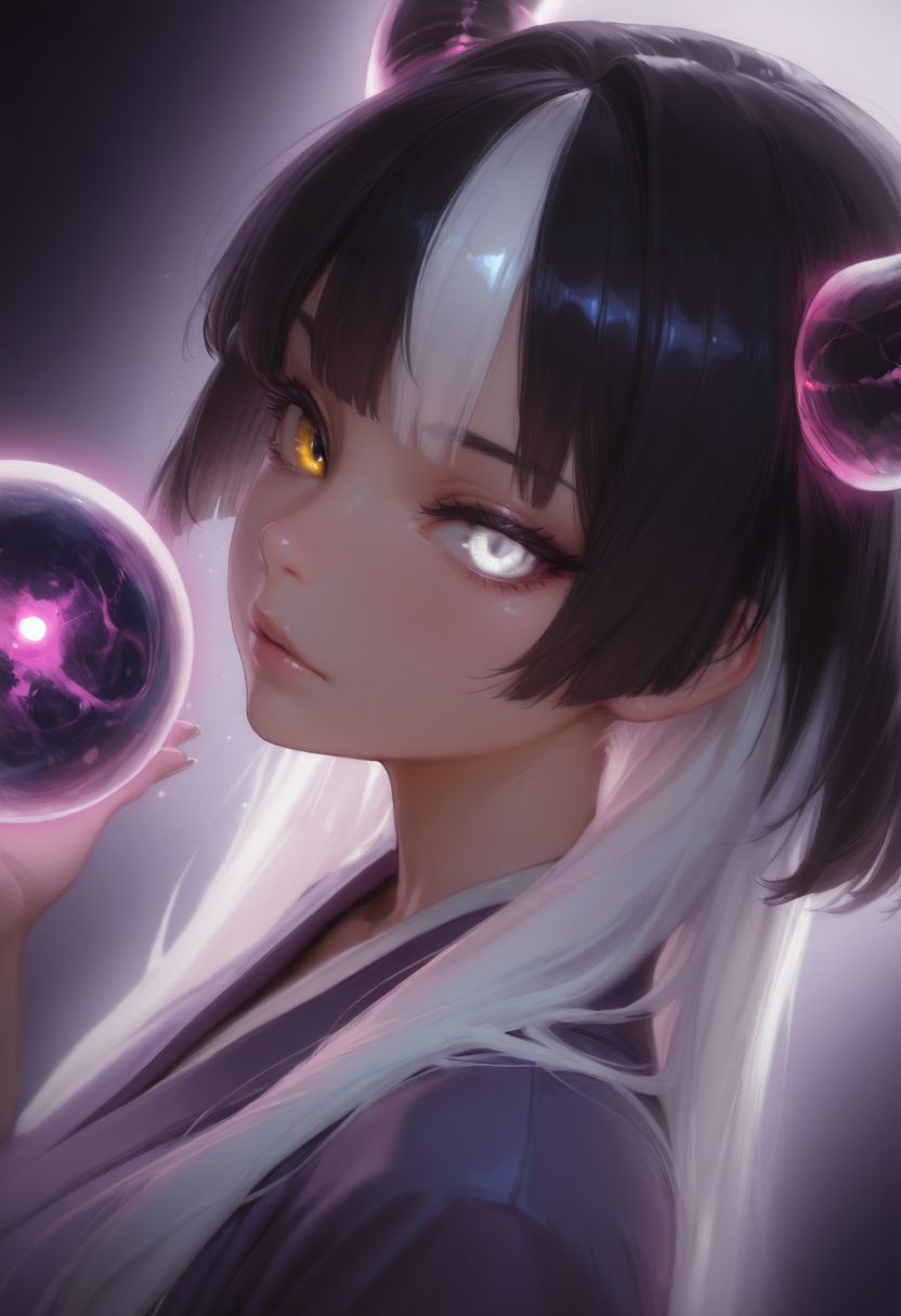 SmoothNoob_Quality, 1girl, solo, demon girl, solo, purple robe, black hair, white hair, multicolored hair,  glowing hair, looking at the viewer, heterochromia eyes, white eye, neon color palette, holding orb, floating orb, eerie, dynamic lighting, shadows, dynamic angle, from side, portrait, abstract background,  <lora:SmoothStyle_Lambda:1>