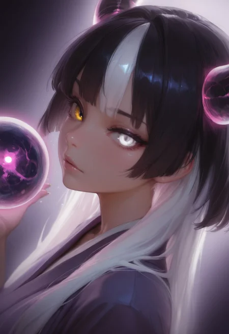 SmoothNoob_Quality, 1girl, solo, demon girl, solo, purple robe, black hair, white hair, multicolored hair,  glowing hair, looking at the viewer, heterochromia eyes, white eye, neon color palette, holding orb, floating orb, eerie, dynamic lighting, shadows, dynamic angle, from side, portrait, abstract background,  <lora:SmoothStyle_Lambda:1>
