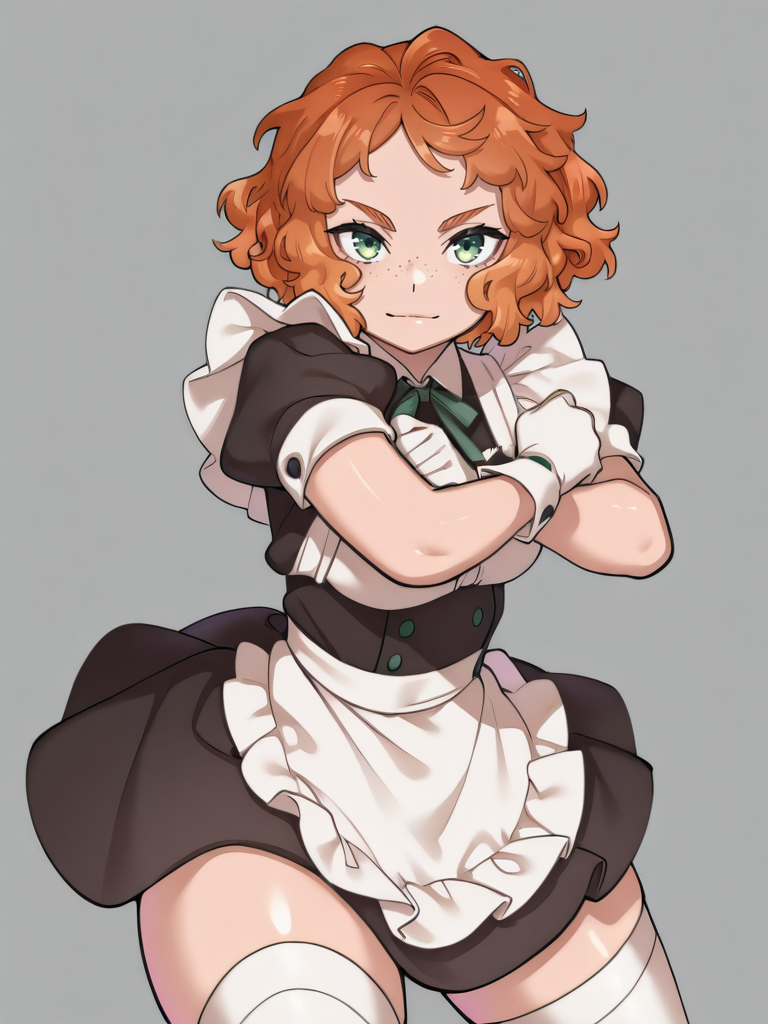 AgawaRyoXLP,, grey background,
1girl, maid apron, maid, light smile, orange hair, wavy hair, green eyes, serious, freckles, white thighhighs, gloves,
front, looking at viewer, (dynamic pose:1.1), cowboy shot,
<lora:AgawaRyoXLP_Style-12:1.2>