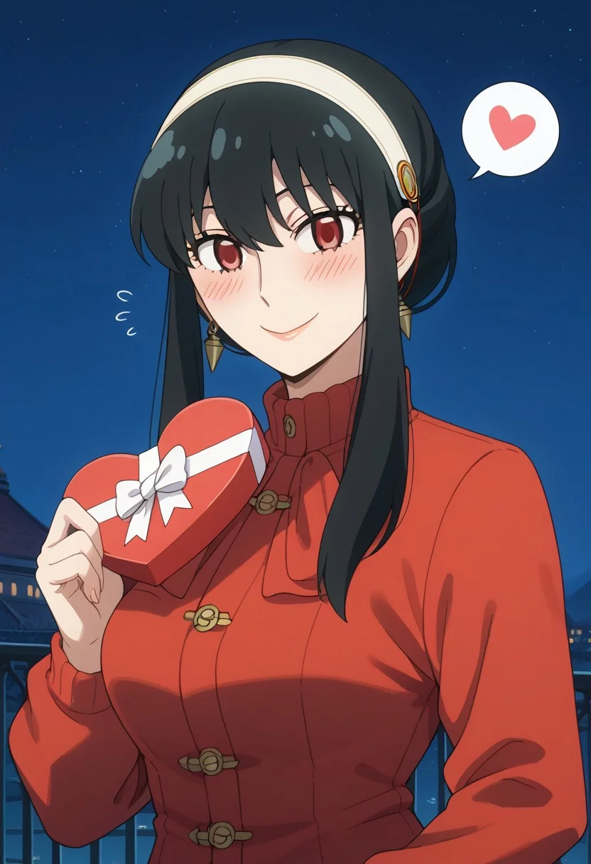 score_9, score_8_up, score_7_up, source_anime,  
BREAK,
happy and in love, gentle smile, looking at viewer, Expressiveh, yor briar, black hair, red eyes, sidelocks, hairband, short hair with long locks, white hairband, medium breasts, dress, long sleeves, red sweater, sweater, sweater dress, 1girl, solo, wide hips, blush, text bubble, hearts, 
standing, standing straight, one hand on hip, upper body, portrait, holding a heart-shaped gift box, 
night, in a luxurious palace rooftop near the beach, outdoors,