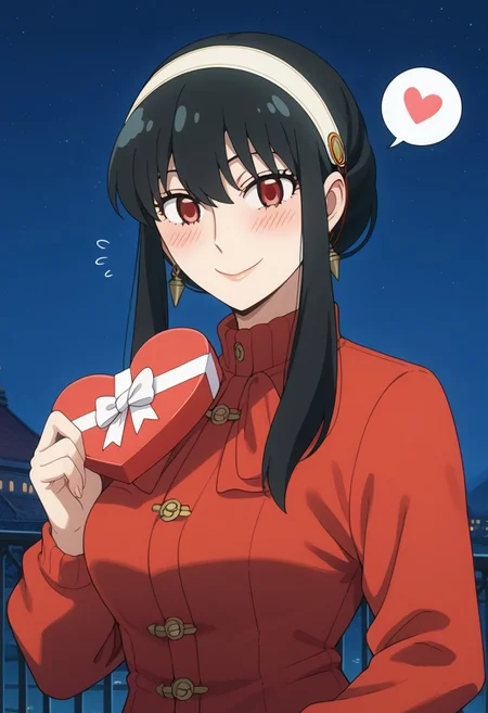 score_9, score_8_up, score_7_up, source_anime,
BREAK,
happy and in love, gentle smile, looking at viewer, Expressiveh, yor briar, black hair, red eyes, sidelocks, hairband, short hair with long locks, white hairband, medium breasts, dress, long sleeves, red sweater, sweater, sweater dress, 1girl, solo, wide hips, blush, text bubble, hearts,
standing, standing straight, one hand on hip, upper body, portrait, holding a heart-shaped gift box,
night, in a luxurious palace rooftop near the beach, outdoors,