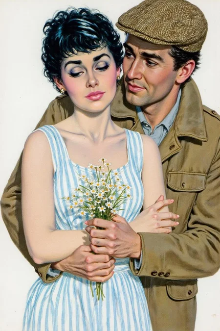 cobyw1 illustration
kard1 illustration
A tender moment between a man and a woman. The woman, positioned slightly to the left, has short, curly black hair and wears a sleeveless dress with blue and white vertical stripes. She has a delicate, light complexion and is holding a bouquet of small, delicate flowers in her right hand. Her expression is serene and slightly melancholic, with her eyes downcast and her lips slightly parted. The man, standing behind and slightly to the right, has a rugged, masculine appearance, he is wearing a vintage Tweed cap.
<lora:cobyw1_cap_d6a3e12:1.0><lora:818761135021956272:0>