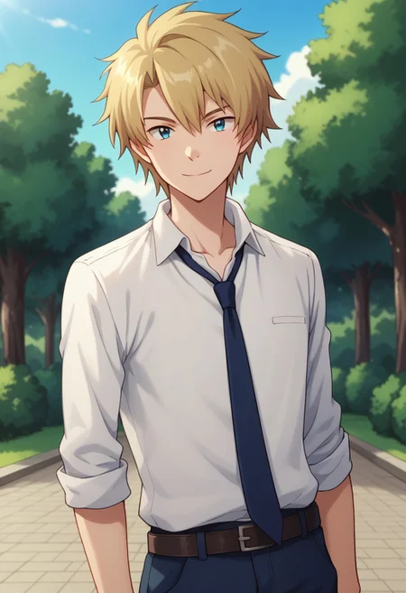 score_9, score_8_up, score_7_up, source_anime, highly detailed,
yamatri, 1boy, male focus, solo, necktie, shirt, belt, pants, blue necktie, smile, blue eyes, white shirt, school uniform, looking at viewer, blonde hair, sleeves rolled up, collared shirt, upper body,
outdoor, sky, tree