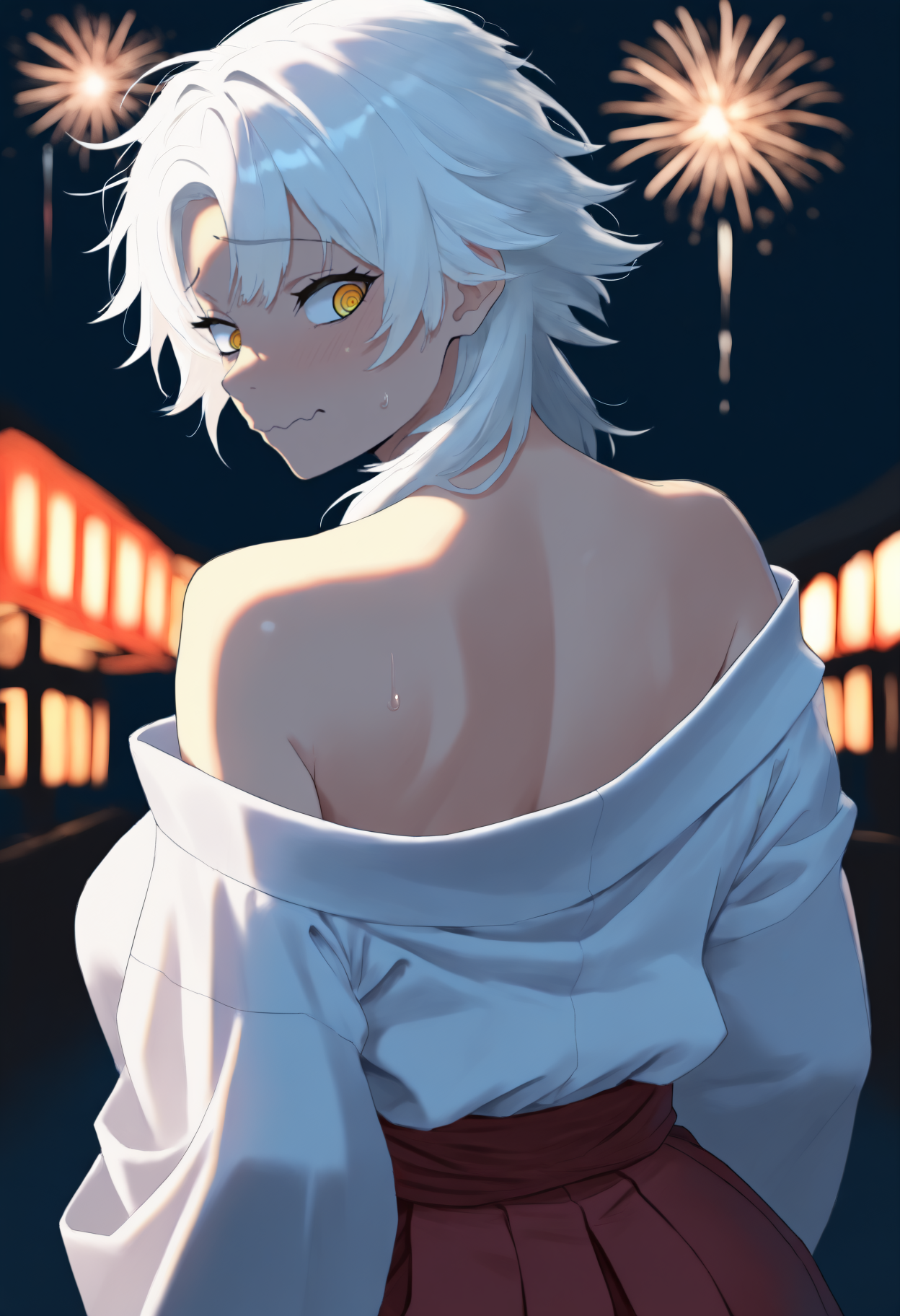 masterpiece, best quality, newest, anime, from behind, solo, 1girl, dthdvl, sweatdrop, slight smile, wavy mouth, closed mouth, looking back, medium hair, white hair, yellow eyes, ringed eyes, japanese clothes, white kimono, off shoulder, kimono pull, red hakama, bare shoulders, outdoors, night, fireworks
<segment:yolo-Anzhc Face seg 640 v2 y8n.pt,0.4,1//cid=11>