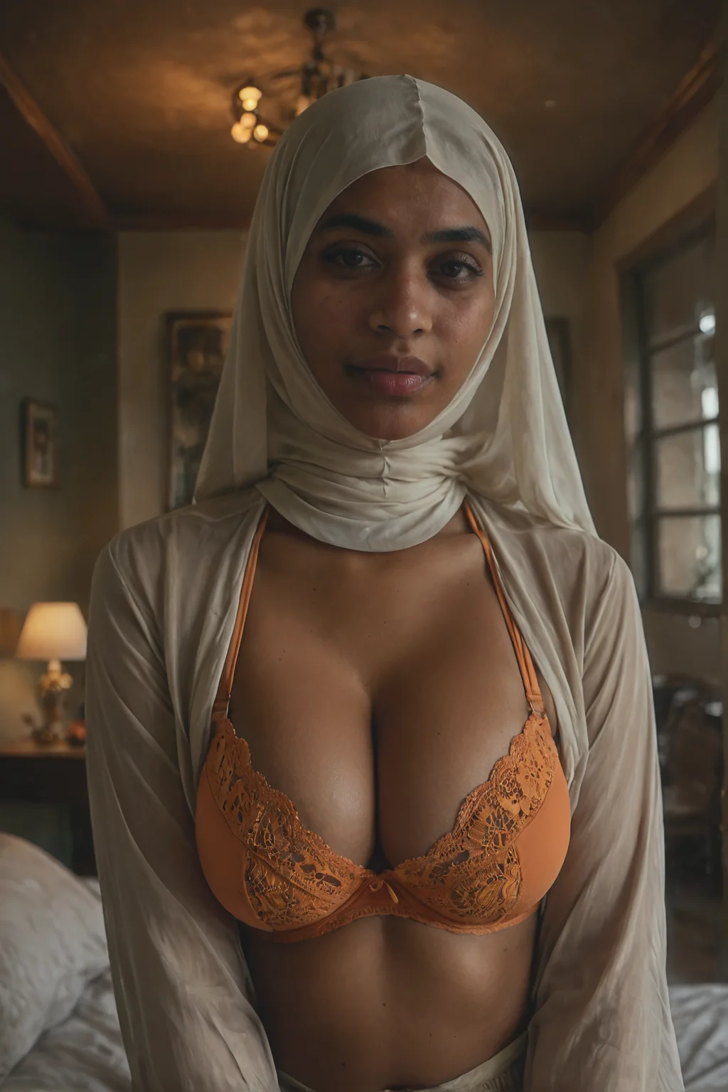 score_9, score_8_up, score_7_up, score_6_up, score_5_up, score_4_up BREAK Kailani PAYNE, arabian woman, big breasts, orange bra, cleavage, room, dark environment BREAK sharp focus, depth of field, global illumination, volumetric light