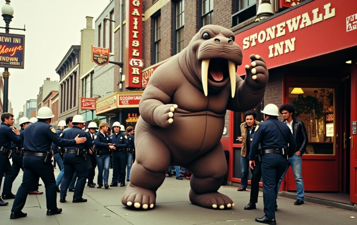 Grit rush reality, an image of a giant power walrus versus dumb riot police outside the Stonewall Inn, 1969, intense violence, colorized.