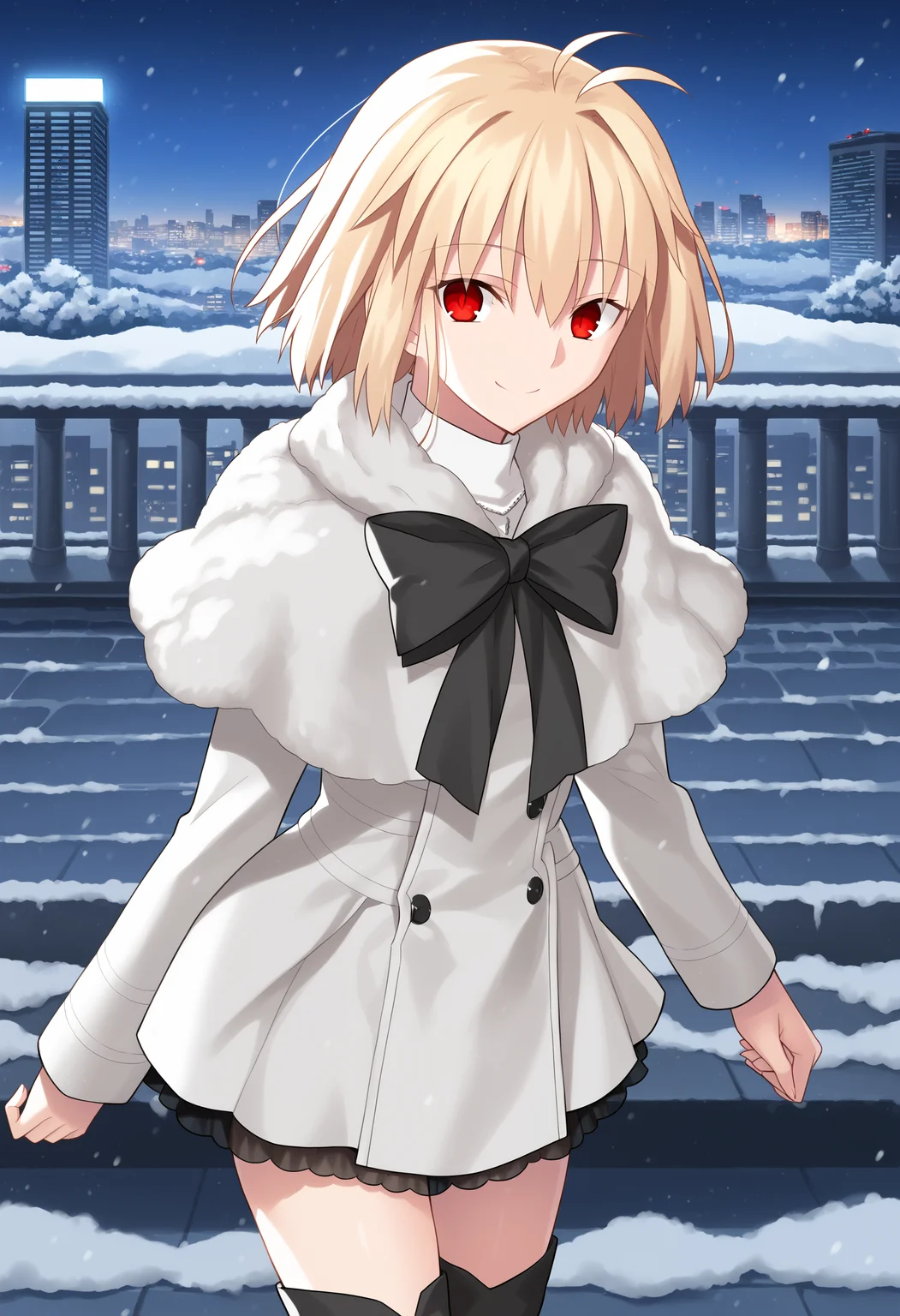 arcdate, 1girl, solo, red eyes, coat, thigh boots, capelet, bow, looking at viewer, outdoors, night, snow, light, city, smile