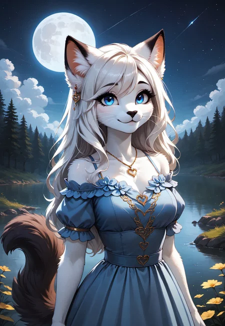 safe_pos, masterpiece, score_9_up, score_8_up, score_7_up, score_6_up, source_furry, (best quality:1.1), ultra-detailed, high resolution, highly detailed macro illustration, solo BREAK 1girl, Nikita, anthro cat, feline, female, white fur, long white hair, hair over one eye, long eyelashes, black eyebrows, black animal nose, whiskers, fluffy ears, fluff in ears, black ear tips, breasts, (fluffy tail), (cute expression, cute face:1.2), ((beautiful blue eyes)), blue ruffle dress, neckline, jewelry, gold heart necklace BREAK upper body, overcast night, standing by a lake, nature, moon, starry sky Highly Visible, (8k), sharp focus, perfect lighting, anatomically correct, extremely detailed, muted colors, reflective mood, high detail, serene setting, Expressiveh, detailed background, OverallDetail, Expressiveh, zPDXL3