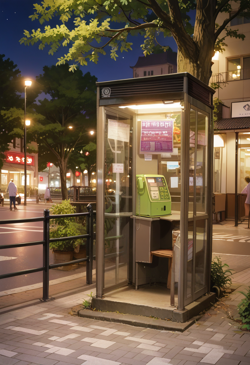 score_9, score_8_up, score_7_up, rating_safe, masterpiece, best quality, absurdres, unity 8k wallpaper, official art, official style, source_anime, uncensored, game cg, megami magazine,
payphone, telephone box, scenery, tree, lamppost, building, night, sky, road, fence, city, sign, night sky, outdoors, 
 <lora:DenwaBoxJP_PONY_V1:1>