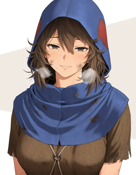 masterpiece, good quality, best quality,  2d, anime, geometric background,
bretonnianpeasant, mature female, heavy breathing, messy hair, brown hair, hood, upper body,
dirty face, dirty clothes, looking at viewer, seductive smile, 
 <lora:BretonnianPeasant_Vpred:0.8>