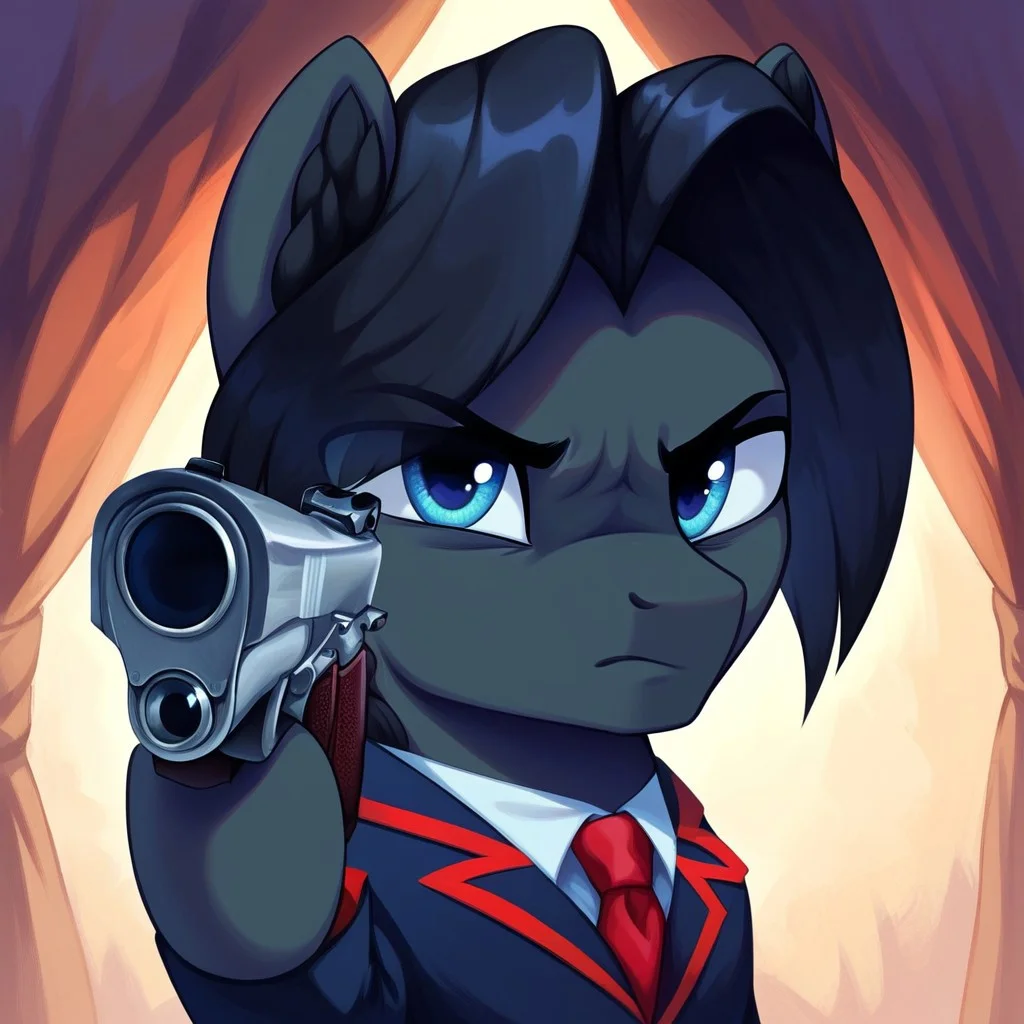 masterpiece, score_9_up, score_8_up, score_7_up, score_6_up, (best quality:1.1), ultra-detailed, high resolution, solo, Sinister Serov, pony, mlp, feral, thin eyebrows, blue eyes, stallion, male, pony ears, black ear fluff, black skin, black mane, curtain bangs, angry facial expression, full dressed, black suit, red tie, detailed facial features, expressiveh, highly visible, sharp focus, anatomically correct BREAK <lora:HandPointingAGunMeme_XLPD:1> holding weapon, handgun, holding gun, aiming at viewer, revolver, finger on trigger, highly visible, sharp focus, anatomically correct