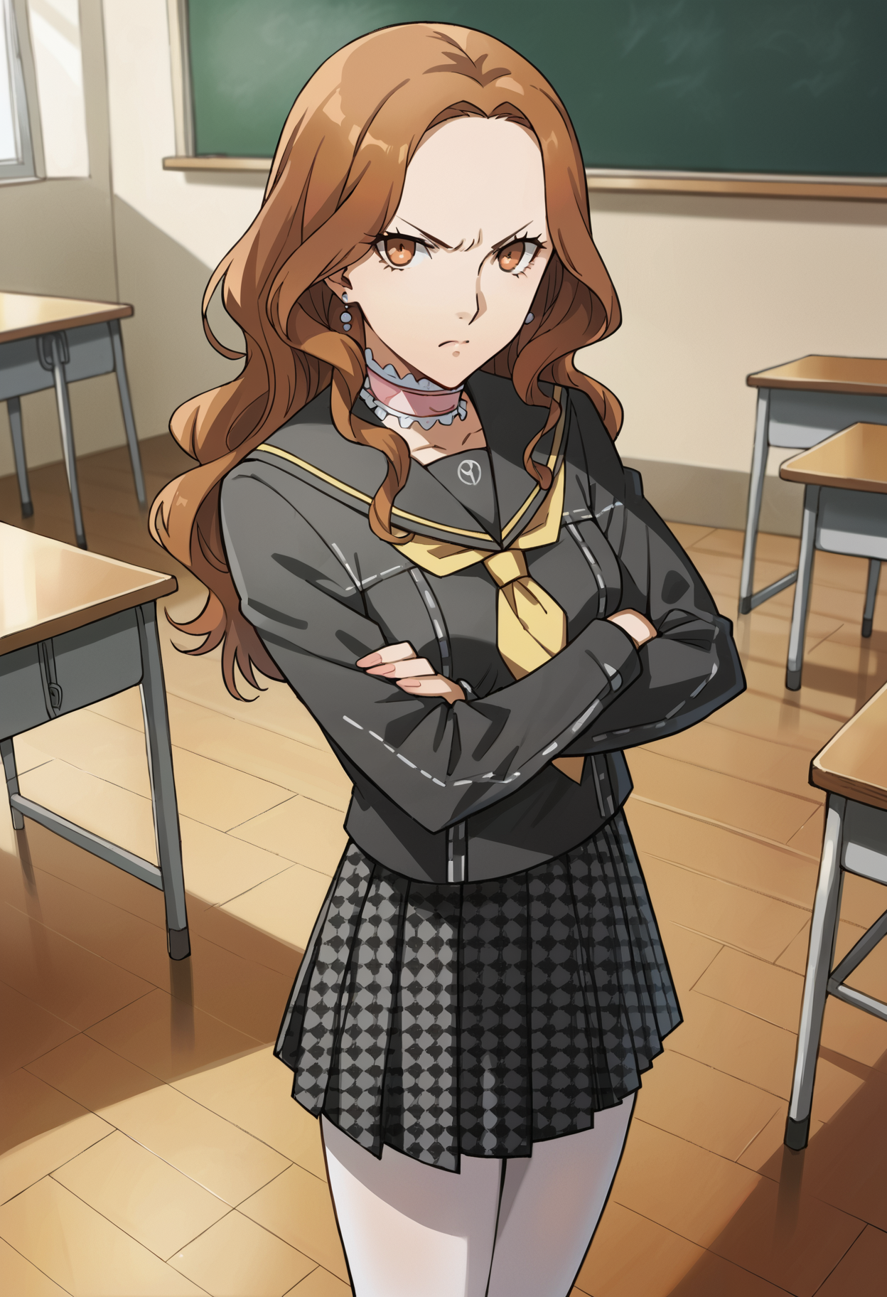 score_9, score_8_up, source_anime
1 girl, solo, cute face,
p4ebihara, brown hair, long hair, wavy hair,
p4ebihara-uni, choker, yasogami school uniform, school uniform, pantyhose, skirt, serafuku, houndstooth, 
classroom, standing, looking at viewer, angry, furrowed brow, arms crossed
masterpiece, best quality, ultra detailed,