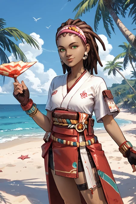 score_9, score_8_up, score_7_up, score_6_up, at the beach, minidress, palm trees, sundown <lora:Sasha_TFTBL_PonyV1.1:0.8> sashatftb, green eyes, brown hair, dark skin, 1girl, jewelry, earrings, dark-skinned female, hairband, dreadlocks, <lora:kiriko2:0.6> gloves, fingerless gloves, fox mask, japanese clothes, white kimono