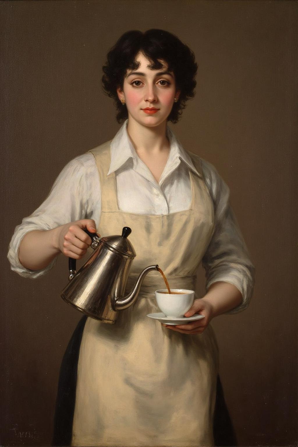 g0ya1 painting
A young woman with classic British makeup, bold eyeliner and red lipstick, stands confidently in a crisp white dress shirt and a neat apron. She is gracefully pouring coffee from a sleek coffee kettle into a cup she's holding in her other hand. Her expression is focused but relaxed, embodying a sense of elegance and charm in her routine.  <lora:g0ya1_cap_d6a3:1.0><lora:815812910556356004:0>