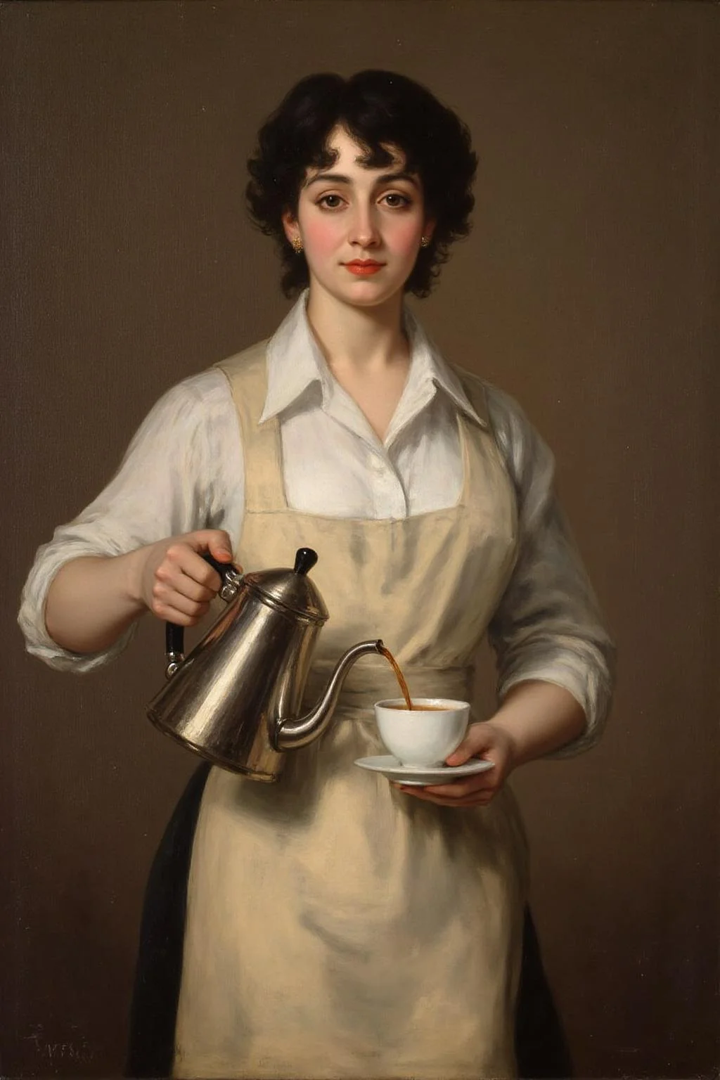 g0ya1 painting
A young woman with classic British makeup, bold eyeliner and red lipstick, stands confidently in a crisp white dress shirt and a neat apron. She is gracefully pouring coffee from a sleek coffee kettle into a cup she's holding in her other hand. Her expression is focused but relaxed, embodying a sense of elegance and charm in her routine. <lora:g0ya1_cap_d6a3:1.0><lora:815812910556356004:0>