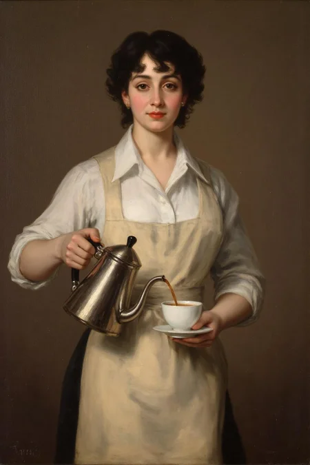 g0ya1 painting
A young woman with classic British makeup, bold eyeliner and red lipstick, stands confidently in a crisp white dress shirt and a neat apron. She is gracefully pouring coffee from a sleek coffee kettle into a cup she's holding in her other hand. Her expression is focused but relaxed, embodying a sense of elegance and charm in her routine. <lora:g0ya1_cap_d6a3:1.0><lora:815812910556356004:0>