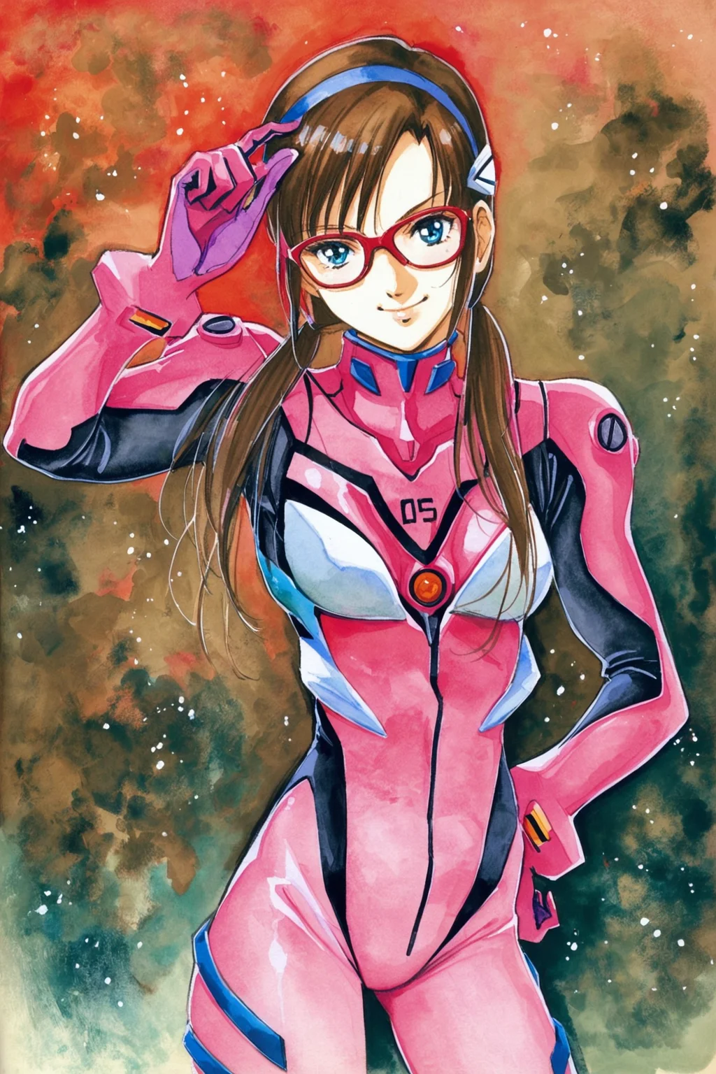 1girl,makinami mari illustrious,plugsuit,solo,glasses,pink bodysuit,bodysuit,long hair,blue eyes,twintails,standing,hand on own hip,brown hair,hairband,adjusting eyewear,smile,red-framed eyewear,traditional media,watercolor \(medium\),<lora:Haruhiko Mikimoto_XL_V2:0.8>,