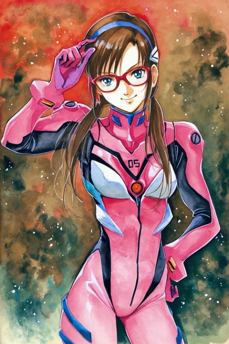 1girl,makinami mari illustrious,plugsuit,solo,glasses,pink bodysuit,bodysuit,long hair,blue eyes,twintails,standing,hand on own hip,brown hair,hairband,adjusting eyewear,smile,red-framed eyewear,traditional media,watercolor \(medium\),<lora:Haruhiko Mikimoto_XL_V2:0.8>,