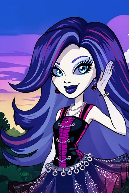 score_9, score_8_up, score_8, medium breasts, (curvy), cute, eyelashes,       ,,, , ,,, zzSpectra, blue eyes, blue hair, long hair, multicolored hair, purple hair, streaked hair, two-tone hair, pale skin, makeup, jewelry, earrings, lipstick, dress, necklace, eyeshadow, bracelet, purple lips,  <lora:SpectraVondergeist_MH_PDXL:1.0>,   ,,,, BREAK, smile, looking at viewer, cowboy shot, ,,, outdoors, sky, day, cloud, tree, blue sky, sunny,  ,,, Expressiveh, ,,, <lora:Alola_Style_PDXL:0.8>, <lora:Expressive_H-000001:0.4>,