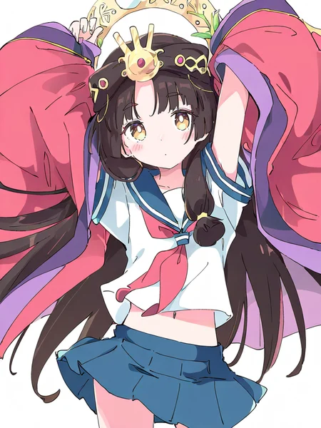 1girl,huiyeji,(sailor_shirt:1.1),looking at viewer,solo,simple background,white background,,(Ixy:0.6)),(hiten \(hitenkei\):0.7),cowboy shot,hair ornament,front view,sailor,<lora:huiyeji-000016:1.1>, masterpiece, best quality, very aesthetic, absurdres,newest, incredibly absurdres,