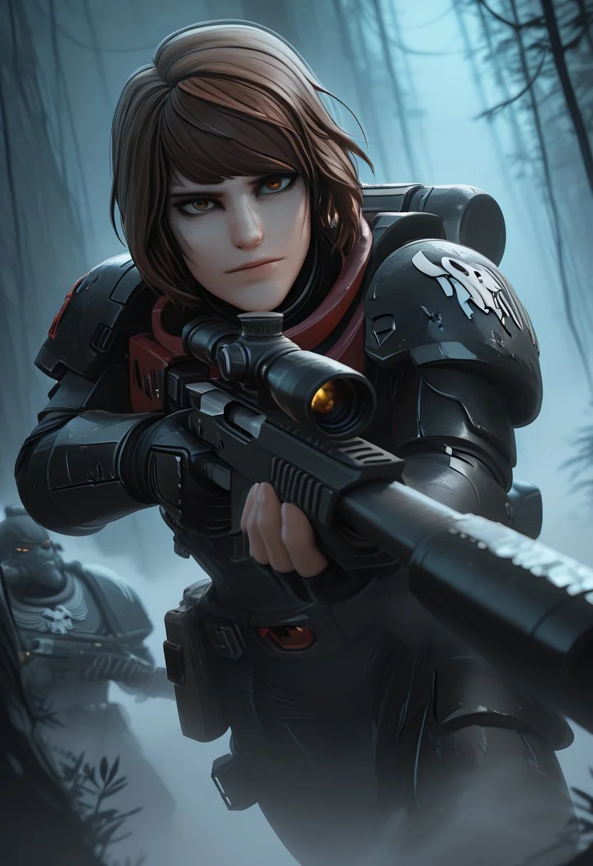 masterpiece, best quality, high quality, newest, highres, HDR, absurdres, dynamic angle, realistic, 1girl, wearing edgRG_(power armor), pauldrons, raven emblem, solo, 1girl, Max Caulfield, maxcaulfieldlis, brown hair, brown eyes, perfect eyes, holding a sniper, silhouette, DMZ, creepy, backlit, haunted, rainforest, night sky, fog, mist, cold, dutch angle, dark interior, solo, close up, mid shot, dutch angle, <lora:edgIllustriousXL_Raven_Guard:1>