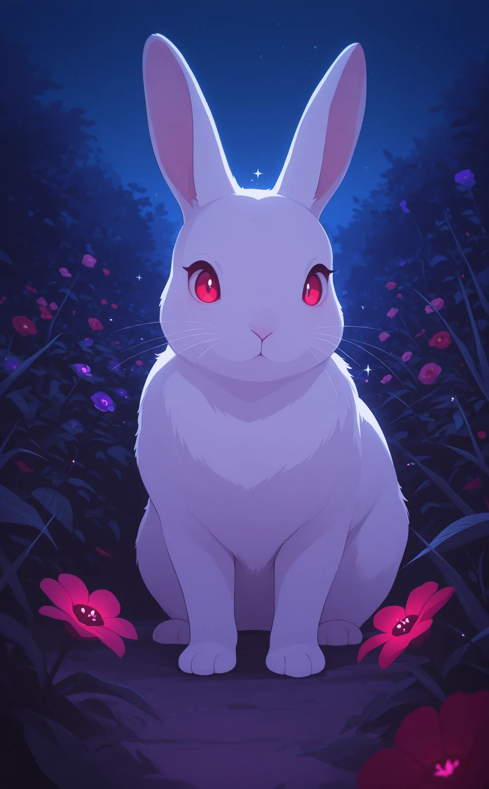 masterpiece, best quality, amazing quality, solo, looking at viewer, red eyes, flower, outdoors, sparkle, no humans, night, animal, plant, red flower, pink flower, rabbit, purple flower, animal focus, white fur, whiskers, blue archive style,LeIsT0_illu <lora:noobai_ep11_stabilizer_v0.138_fp16:0.3> <lora:LeIsT0_style:1> <lora:blue_archive-ixl-style-soralz:0.8>