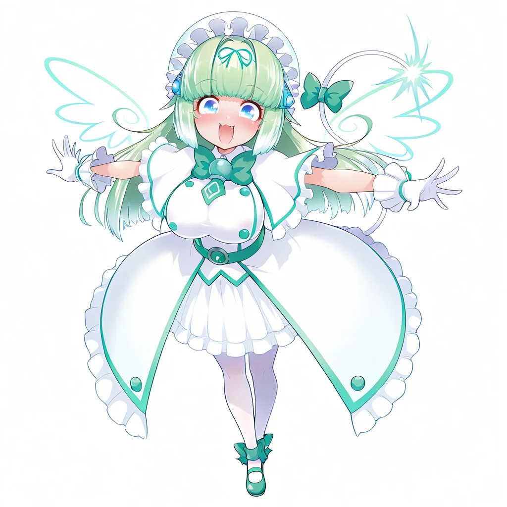 <lora:melon2:1>,
fang,melon \(bombergirl\),smile,blush,1girl,solo,gloves,long hair,pantyhose,bow,white gloves,breasts,open mouth,green hair,long hair,blue eyes,
looking at viewer,shoes,large breasts,white pantyhose,belt,wings,full body,frills,tail,bowtie,ribbon,blunt bangs,multicolored hair,tail bow,footwear bow,capelet,dress,hat,japari symbol,outstretched arms,white hair,green bow,hair ornament,tail ornament,mary janes,bonnet,simple background,green footwear,:d,holding,frilled dress,