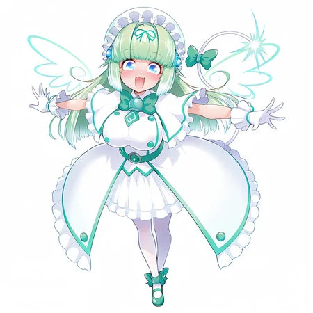 <lora:melon2:1>,
fang,melon \(bombergirl\),smile,blush,1girl,solo,gloves,long hair,pantyhose,bow,white gloves,breasts,open mouth,green hair,long hair,blue eyes,
looking at viewer,shoes,large breasts,white pantyhose,belt,wings,full body,frills,tail,bowtie,ribbon,blunt bangs,multicolored hair,tail bow,footwear bow,capelet,dress,hat,japari symbol,outstretched arms,white hair,green bow,hair ornament,tail ornament,mary janes,bonnet,simple background,green footwear,:d,holding,frilled dress,