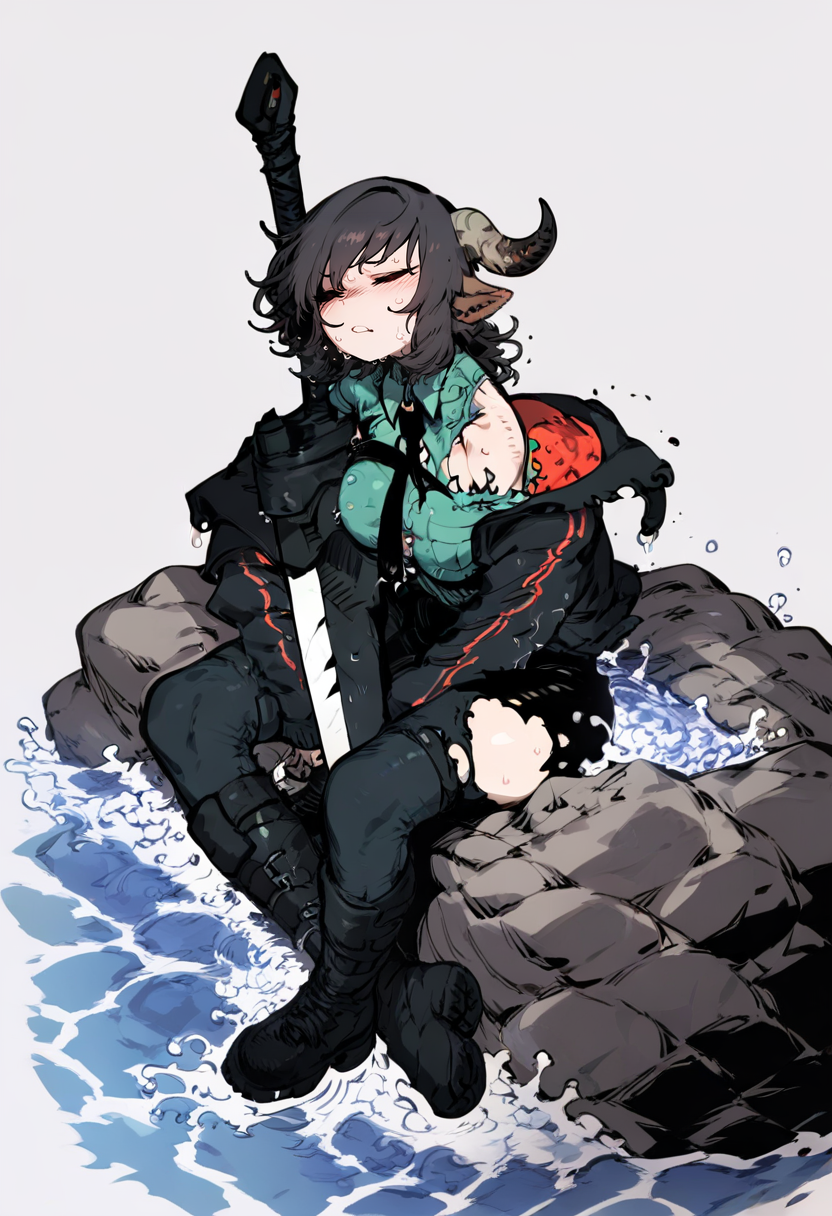 score_9, score_8_up, score_7_up, score_6_up, <lora:SSAMBAteaXL_P6_lokr_V53P1:0.95> 1girl, horns, weapon, shirt, sword, necktie, solo, jacket, closed eyes, animal ears, sitting, black necktie, white background, black jacket, black footwear, water, boots, simple background, collared shirt, off shoulder, breasts, skirt, torn clothes, rock, black skirt, full body, short hair, sweat, wet, blush, open jacket