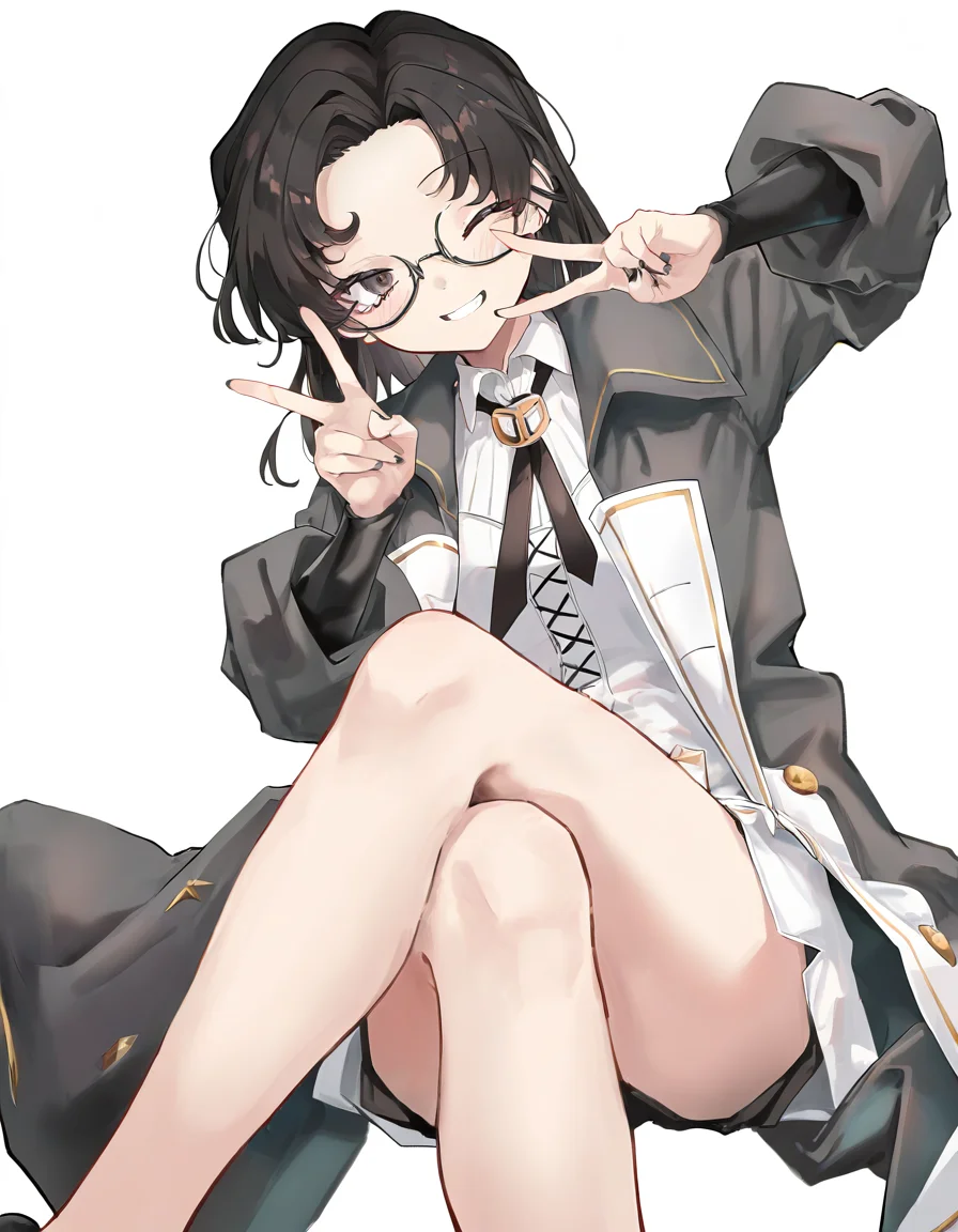<lora:zhangzhizhi-000008:1>,zhangzhizhi,1girl,solo,simple background,white background,looking at viewer,cowboy shot,sitting,double v,one eye closed,crossed_legs,smile,, masterpiece, best quality, very aesthetic, absurdres,newest, incredibly absurdres,, toshizou \(0714\)