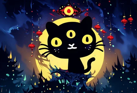 score_9,score_8,score_7,high quality, highres, high resolution, dark lighting, sitting, mio_pucca, black cat, cat, black body, tail, cat, black cat, solo, 1boy, :3, yellow sclera, yellow eyes, chinese village, at night, moon, looking at viewer, starry sky, occultoculi,, 1gothic1, red
