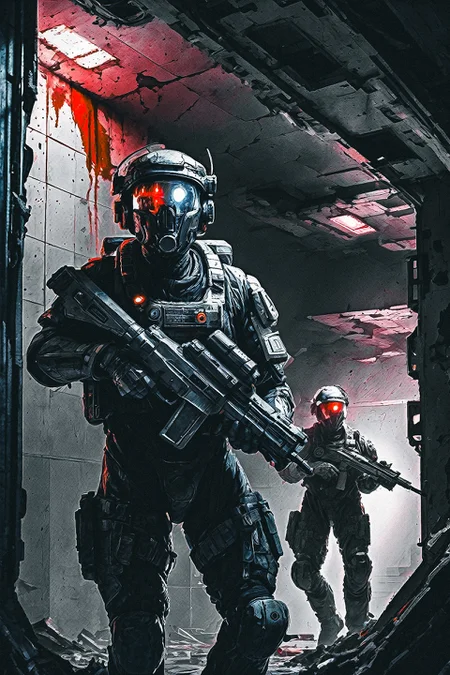 front view of a (small group:1.2) of futuristic soldiers with guns exploring a derelict space station, blood on the walls, flashlight, destroyed, dark, sci-fi, ultra detailed, high contrast, cinematic, atmospheric, tense, claustrophobic, shadows, eerie