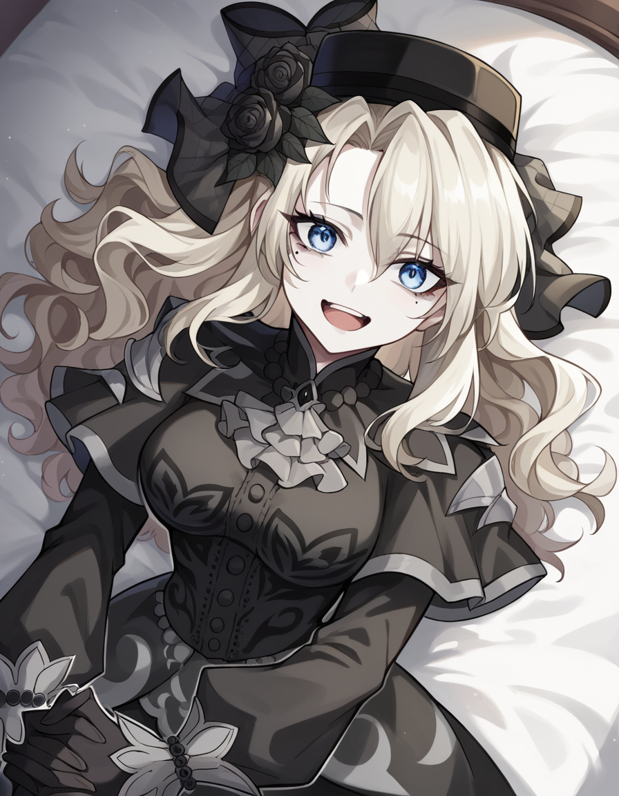 score_9, score_8_up, score_7_up, source_anime, <lora:fgo-kriemhild-ponyxl-lora-nochekaiser:1>, kriemhild, blue eyes, long hair, mole, mole under eye, pale skin, white hair, wavy hair, large breasts,, ascot, black capelet, black dress, black flower, black gloves, black headwear, black rose, capelet, dress, flower, gloves, hat, long sleeves, rose, veil,, bedroom, alarm clock, morning routine, yawning, stretching, on bed,, smile, looking at viewer, hand shaking hands, solo,, cowboy shot, dutch angle