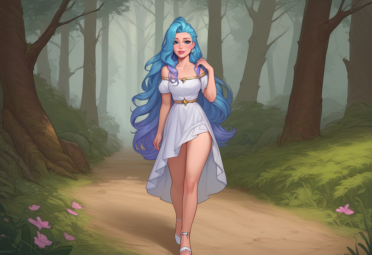 masterpiece,best quality, highly detailed, score_9, score_8_up, score_7_up, score_6_up, score_5_up, score_4_up, Expressiveh, forest, solo, 
1girl, seraphine \(league of legends\), walking, looking at viewer, humming, seductive smile, white dress
<lora:Expressive_H:0.65>  <lora:incase-ilff-v3-4:0.5> <lora:Smooth Style 2 SDXL_LoRA_Pony Diffusion V6 XL:0.25> <lora:Meinfischer:0.5>