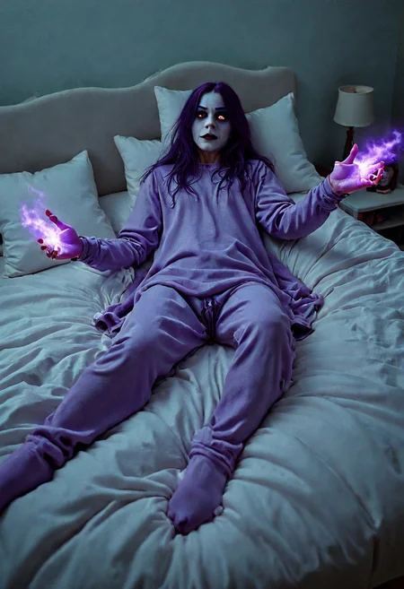 Hyperrealistic art of <lora:FLUX.1 cinematic style v2:0.9>
In FLUX.1 cinematic style, flux-style, a terrifying ghost entity in a bedroom looking at the viewer, POV, creepy evil ghost entity face is tilted down looking down with eye contact at viewer, evil smile of malicious intentions, purple glowing eyes, POV, dynamic angle, (((from below:1.4))), dramatic pose, at night, barely any light, only soft dim light makes the entity appear to be coming coming out of the dark shadows, in spite of the dark the terrorifying entity face and upper body are in extreme detail,open mouth with vicious sharp teeth, purple eyes, realism, smooth sharp photo, smooth details, perfect style, perfection style, filmic style, Kodak style, Fujifilm style, cinematic color style, perfect ghost tones, perfect texture style, detailed background, different pose, unique different image, midjourney style, cinematic film photography style, FLUX.1 cinematic style, blurry, no humans, glowing, supernatural, glowing eyes, spectral entity focus, indoors, evil aura, solo, Extremely high-resolution details, photographic, realism pushed to extreme, fine texture, incredibly lifelike
