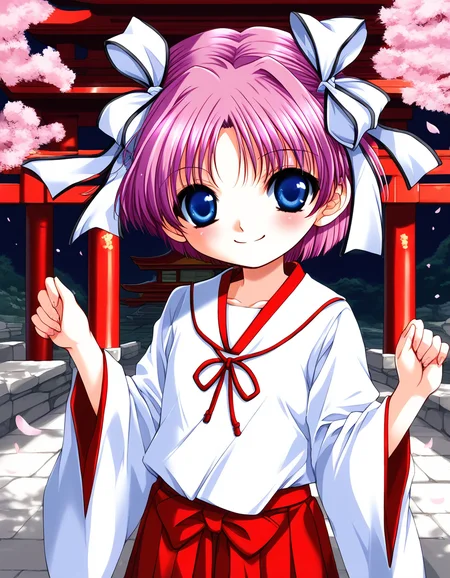 score_9, score_8_up, score_7_up, source_anime, rating_explicit, BREAK  <lora:Kago_Noa_Ver2.0_XL:0.8> KagoNoa, pink hair, purple hair, blue eyes, hair ribbon, white ribbon, short hair,  short stack,
japanese white clothes, miko, red hakama, shrine, cherry blossom,
smile,
looking at viewer, 
cowboy_Shot,