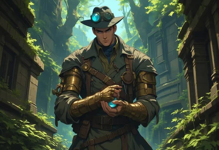 "A daring steampunk archaeologist, reminiscent of a 19th-century Indiana Jones, stands in the heart of an ancient, mysterious jungle. His rugged outfit includes a weathered leather jacket reinforced with brass gears and mechanical components, a wide-brimmed hat, and a belt adorned with tools and gadgets. His steampunk-style goggles rest on his forehead, reflecting the dim glow of an ancient relic he has just uncovered. The ruins around him are a mix of crumbling stone structures and strange, arcane machinery, overgrown with vines and moss. The jungle is dense and enigmatic, with massive, twisted trees towering over him, casting deep shadows in the misty air. His mechanical arm, covered in polished bronze and copper, clutches a relic glowing faintly with blue energy. The atmosphere is tense, the air thick with mystery, as he navigates the forgotten ruins, ready to uncover the secrets of the past."