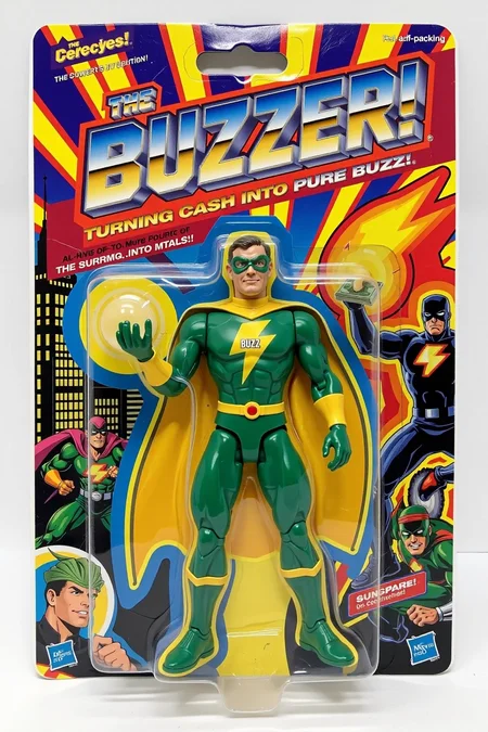 An unopened action figure package featuring "The Buzzer," a superhero who has the power to turn money into buzz. The action figure stands proudly in the package, wearing a sleek green and gold suit with the word "Buzz" on his chest and a stylized lightning bolt symbol on his cape. In one hand, he holds a glowing "buzz" energy orb, while the other hand clenches a wad of cash that is transforming into a glowing buzz cloud. The packaging is colorful and bold, with comic-style illustrations of "The Buzzer" in action on the sides. The name "The Buzzer" is written in big, bold, metallic letters at the top, with the tagline "Turning cash into pure buzz!" above. The background inside the package is a cityscape, reinforcing the superhero theme with a ral-afpacking logo at the top-left corner. <lora:ral-afpacking-flux:1.0> <lora:schnell_v1.0:1.0>