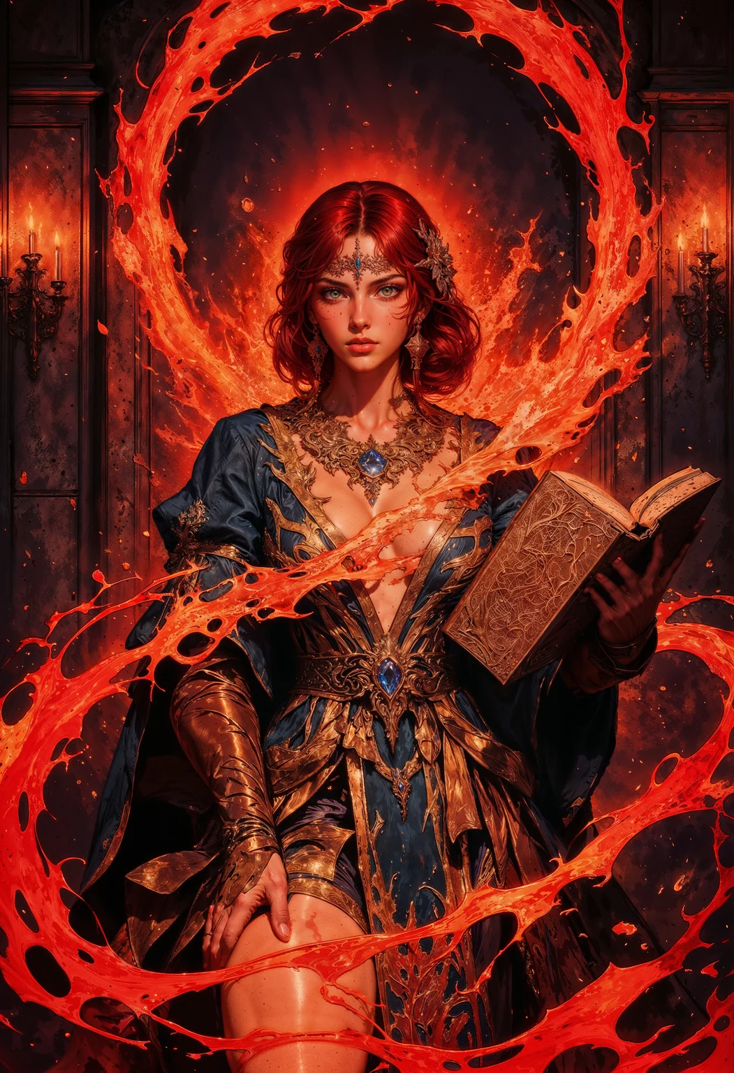 TrissMA, A highly detailed, 8K ultra-realistic digital painting in a semi-realistic, high-contrast style with subtle 90s anime influences. a mystical scene. The central subject is a woman with fair skin, wearing an elaborate dress adorned with patterns. She has red hair. Her expression is serene and focused. She is surrounded by swirling, flaming red energy that forms a spiral around her. In her hand, she holds an ancient-looking book with a detailed, ornate cover featuring gold designs. The background is dark and atmospheric, with dimly lit stone walls and two candles on either side, casting a warm glow. The overall composition is dynamic, with a sense of movement and magic, enhanced by the contrast between the dark tones and the bright red energy. <lora:FluxTrissMA:0.9>  <lora:RetroAnimeFluxV1:0.8> <lora:Elden_Ring_-_Yoshitaka_Amano:0.75> <lora:FluxMythG0thicL1nes:0.4> <lora:ck-painterly-fantasy:0.2> <lora:flux.1_lora_ink-dynamic:0.2> <lora:Mezzotint_Artstyle_for_Flux_-_by_Ethanar:0.2>