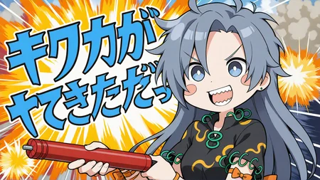 1girl, 1girl, himemushi momoyo,
very awa, solo, blue eyes, blue hair, long hair, ahoge, black shirt, short sleeves, back bow, orange bow, jewelry, ring, arm ribbon, dynamite, holding dynamite, yatte kitazo, explosion, bright pupils, open mouth, sharp teeth, smile, blush stickers, holding, v-shaped eyebrows, ribbon, teeth, shirt, bow,
masterpiece, best quality, newest, highres, absurdres
<lora:NoobV065sHyperDmd:1> <lora:Momoyo-Himemushi_Illustrious:1> <lora:Akari_Ga_Yatte_Kitazo_IXL20:1>